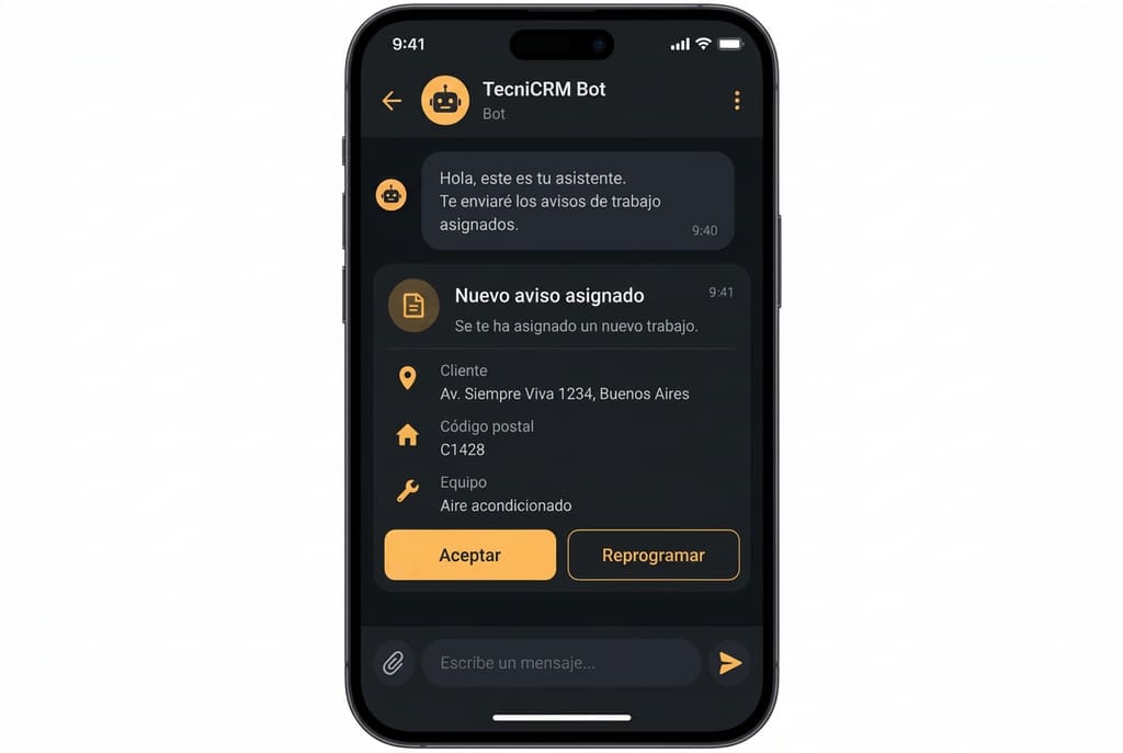 Aviso de trabajo enviado al técnico de mantenimiento por el bot de Telegram