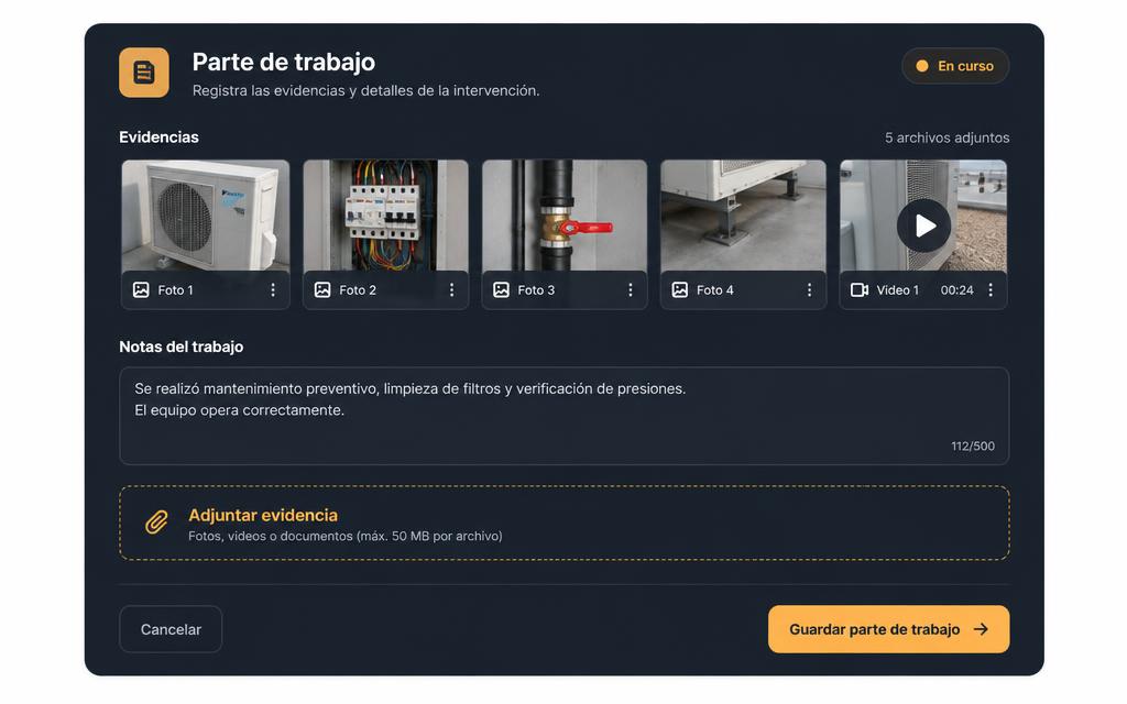 Parte de trabajo con fotos y vídeo de la avería adjuntos