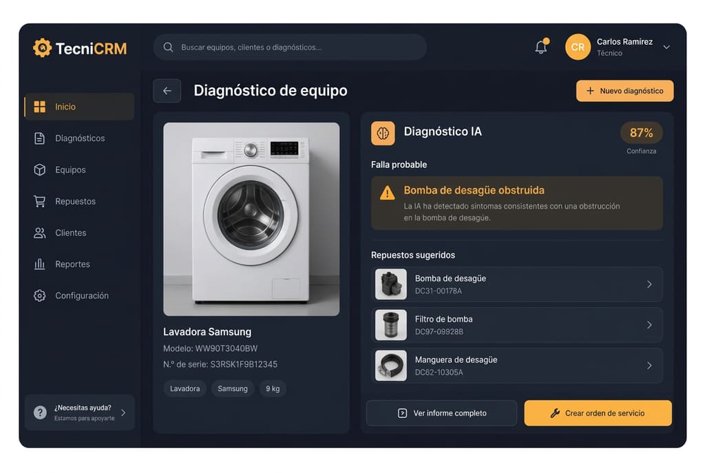 Panel de diagnóstico por IA con fallo probable y repuestos sugeridos