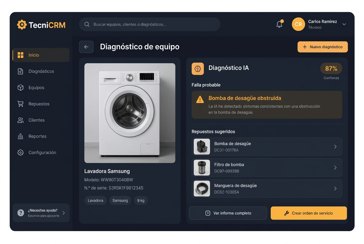 Panel de diagnóstico por IA con fallo probable y repuestos sugeridos