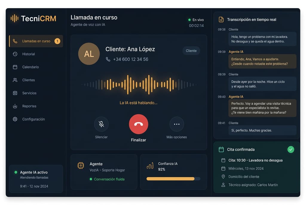 Panel de llamada atendida por el agente de voz con transcripción y cita confirmada