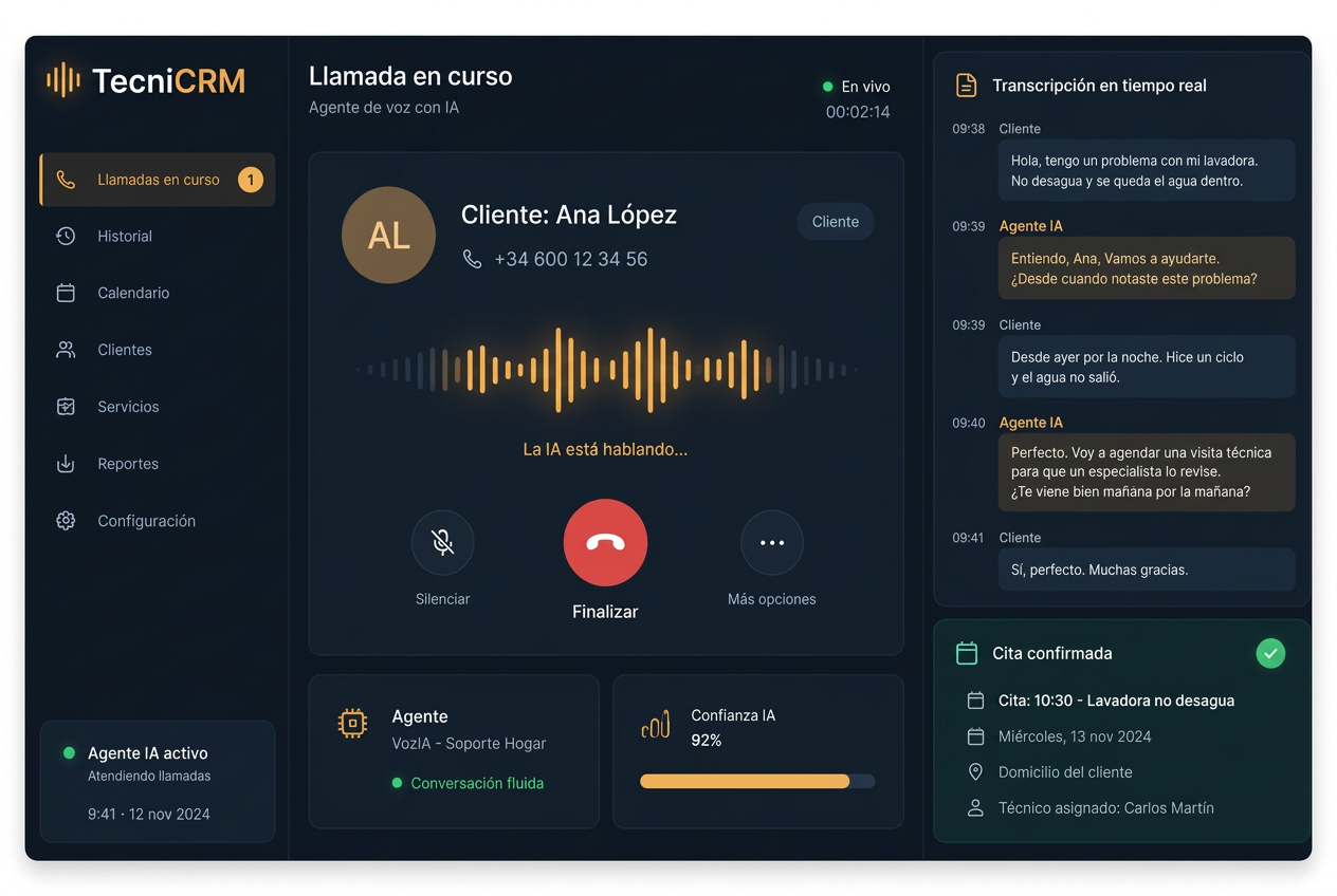 Panel de llamada atendida por el agente de voz con transcripción y cita confirmada